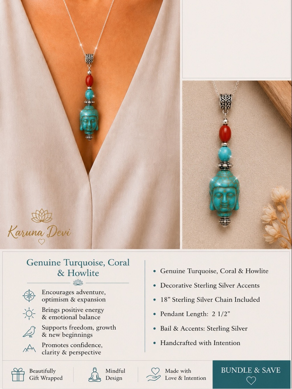 Turquoise Buddha Necklace with Red Coral Accent, 18” sterling silver chain incl